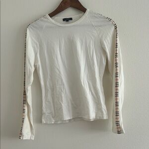 Burberry White Long Sleeve Top with Check Trim